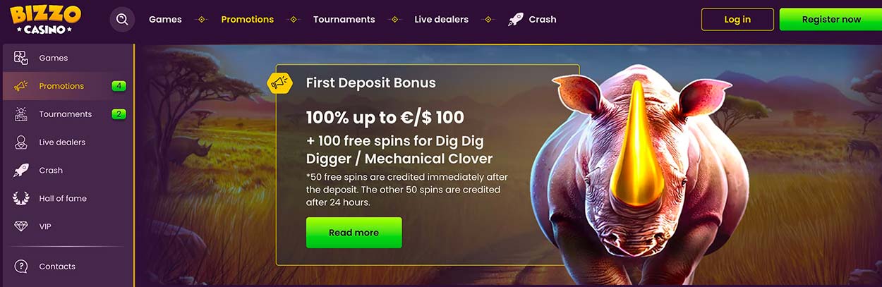 First deposit bonus and free spins at Bizzo Casino India.