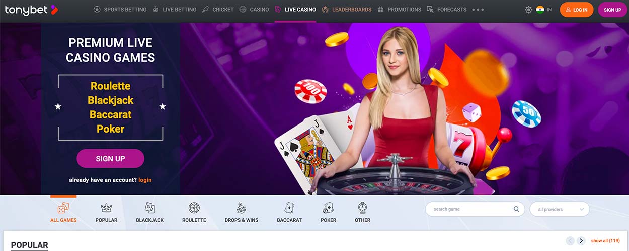 TonyBet Live Casino Lobby for India