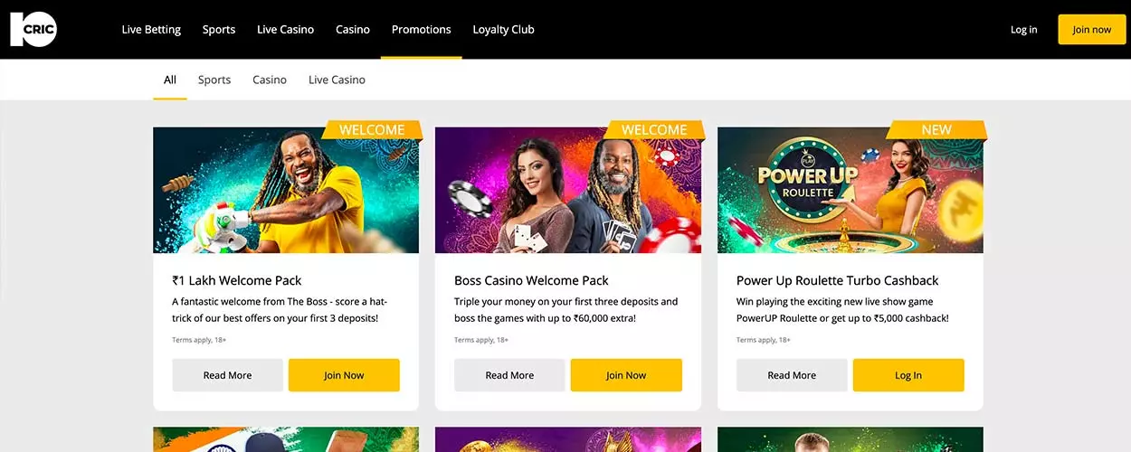 Promotions page for 10cric Casino - India