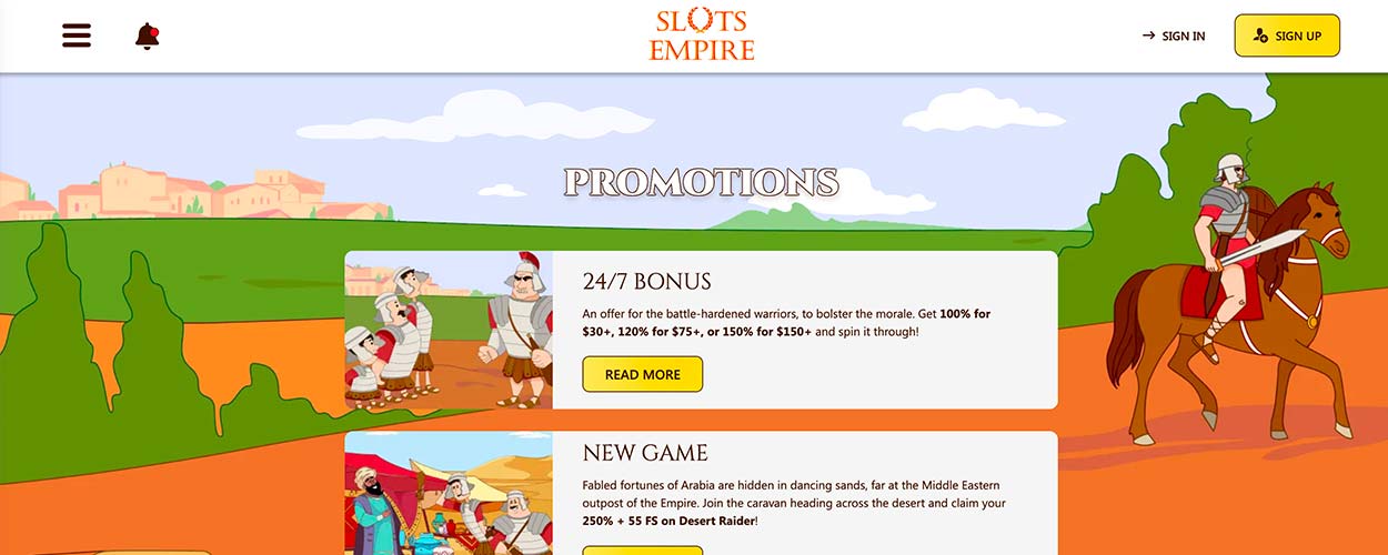 Promotions page for Slots Empire Casino - India