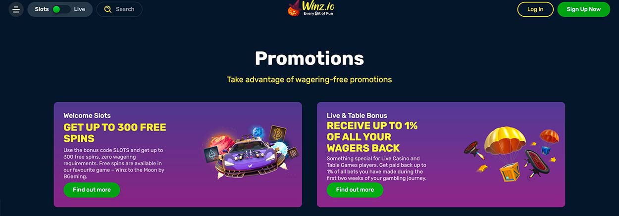 Promotions page for Winz Casino - India