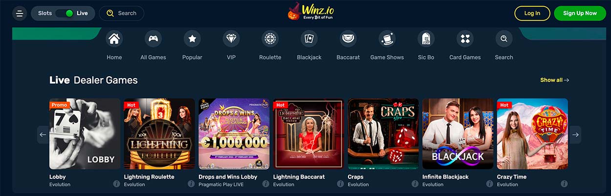 Winz Live Casino Lobby for India