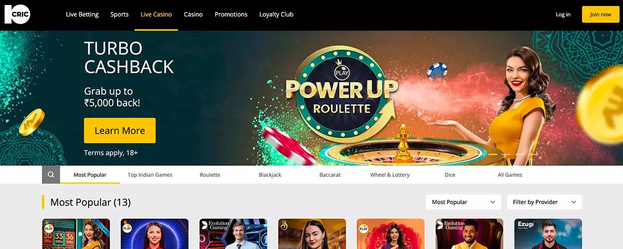 10cric Live Casino Lobby for India