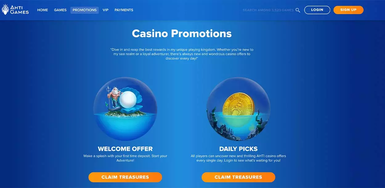 Promotions page for Ahti Games Casino - India